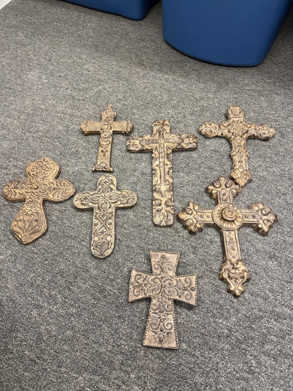 Set of Seven Ornate Decorative Plaster Wall Crosses - Antique Finish